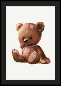 Ursuleț de pluș maro ilustrat cu fundă roz și petice-4