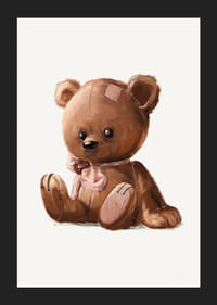 Ursuleț de pluș maro ilustrat cu fundă roz și petice-5