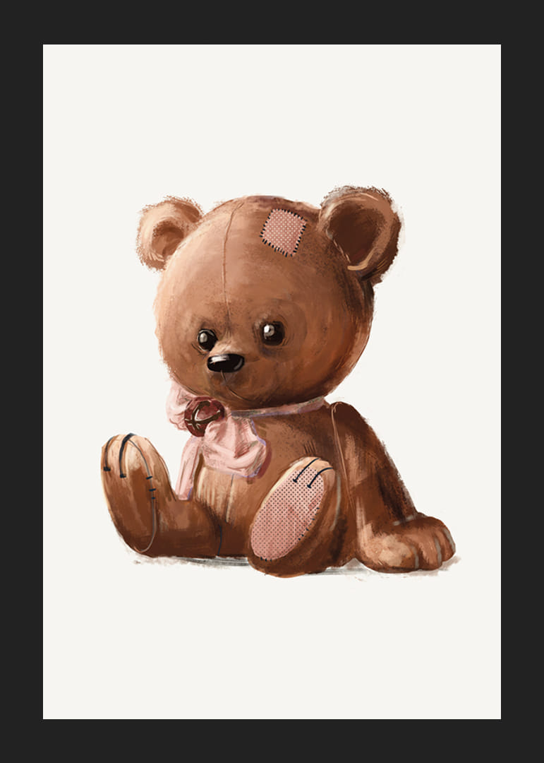 Ursuleț de pluș maro ilustrat cu fundă roz și petice-12