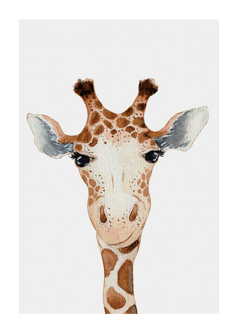 Illustrerad giraff i närbild med brunvita fläckar och ljus bakgrund-12