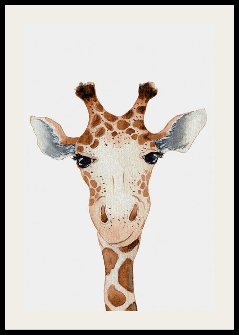 Illustrerad giraff i närbild med brunvita fläckar och ljus bakgrund-12