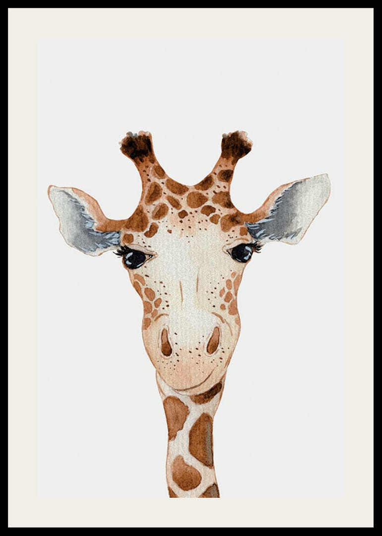 Ilustrowany żyrafa z bliska, z brązowymi i białymi plamkami na jasnym tle-12