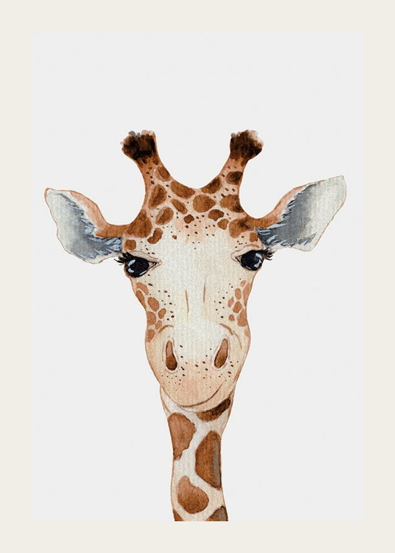Illustrerad giraff i närbild med brunvita fläckar och ljus bakgrund-12