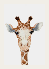 Ilustrowany żyrafa z bliska, z brązowymi i białymi plamkami na jasnym tle-3