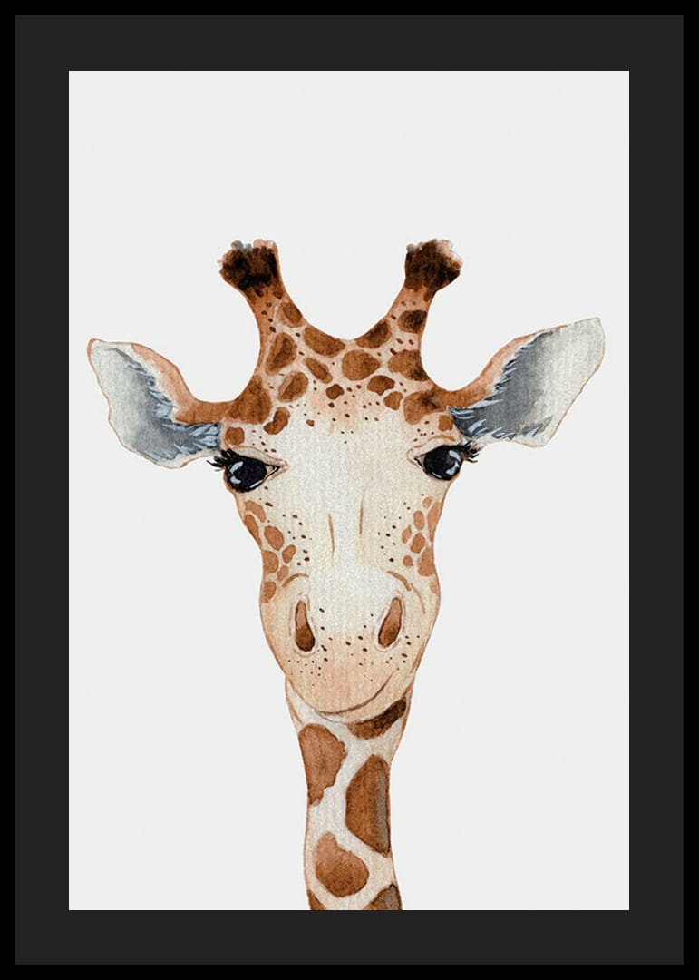 Ilustrowany żyrafa z bliska, z brązowymi i białymi plamkami na jasnym tle-12