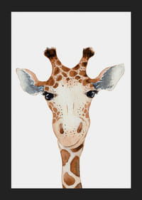 Ilustrowany żyrafa z bliska, z brązowymi i białymi plamkami na jasnym tle-5