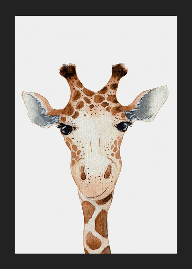 Ilustrowany żyrafa z bliska, z brązowymi i białymi plamkami na jasnym tle-12