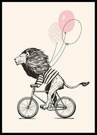 Illustrated lion with striped shirt riding a bike with pink balloons-6