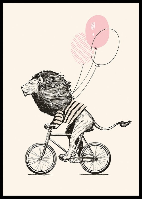 Illustrated lion with striped shirt riding a bike with pink balloons-12
