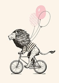 Illustrated lion with striped shirt riding a bike with pink balloons-7
