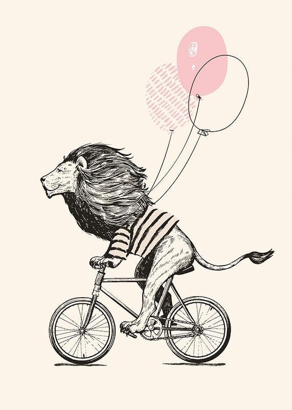 Illustrated lion with striped shirt riding a bike with pink balloons-12