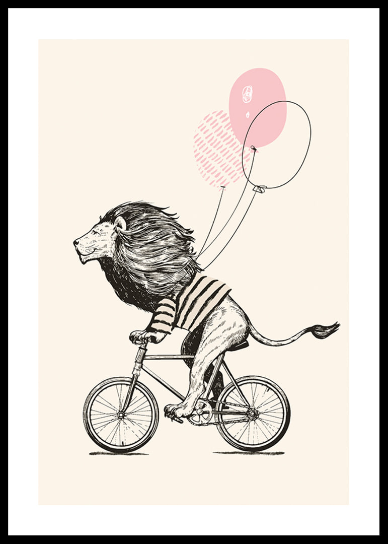 Illustrated lion with striped shirt riding a bike with pink balloons-12