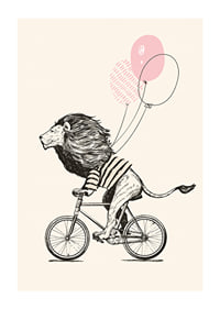 Illustrated lion with striped shirt riding a bike with pink balloons-1