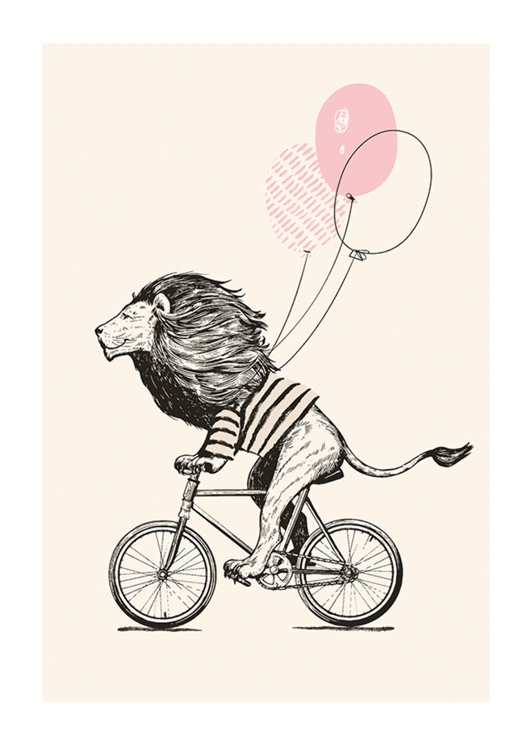 Illustrated lion with striped shirt riding a bike with pink balloons-12