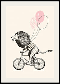 Illustrated lion with striped shirt riding a bike with pink balloons-2
