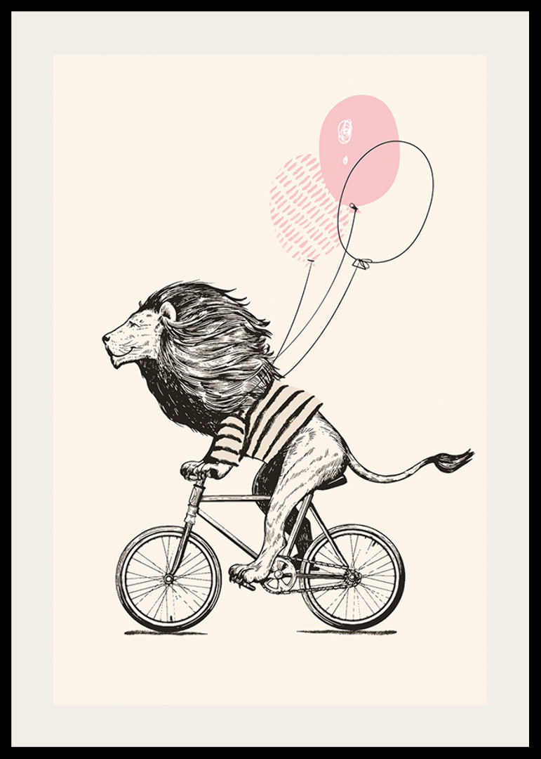 Illustrated lion with striped shirt riding a bike with pink balloons-12