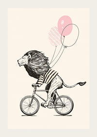 Illustrated lion with striped shirt riding a bike with pink balloons-3
