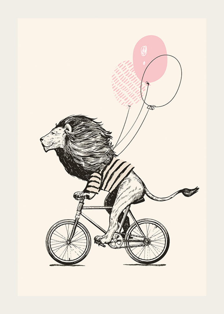 Illustrated lion with striped shirt riding a bike with pink balloons-12