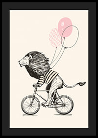 Illustrated lion with striped shirt riding a bike with pink balloons-4