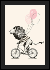 Illustrerad lejon med randig tröja cyklar med rosa ballonger-4