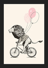 Illustrated lion with striped shirt riding a bike with pink balloons-5