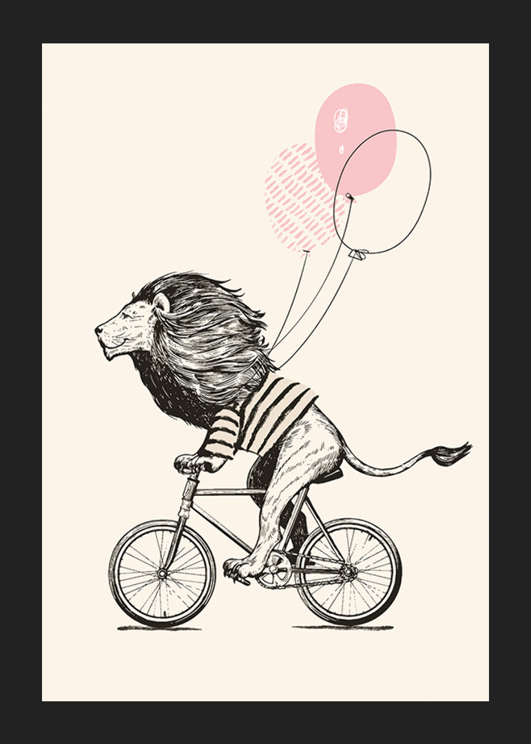 Illustrated lion with striped shirt riding a bike with pink balloons-12