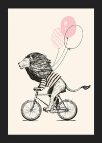 Illustrerad lejon med randig tröja cyklar med rosa ballonger-5