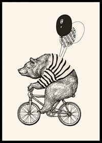 Illustrated bear with striped sweater on bike and balloons-6
