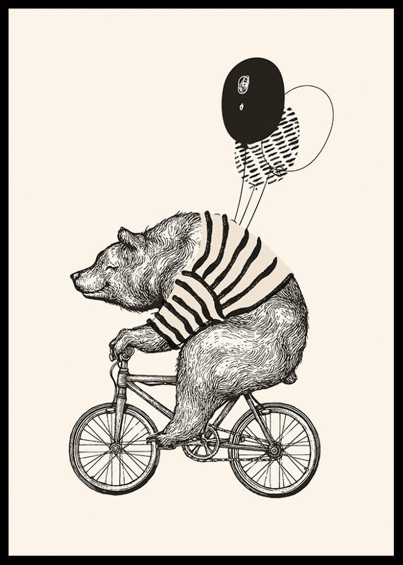 Illustrated bear with striped sweater on bike and balloons-12