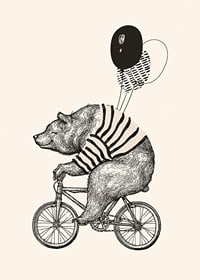 Illustrated bear with striped sweater on bike and balloons-7