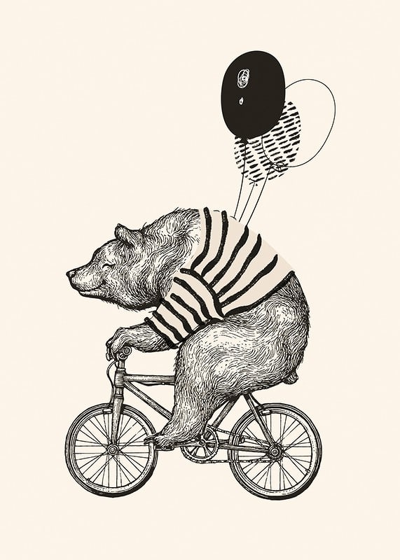 Illustrated bear with striped sweater on bike and balloons-12