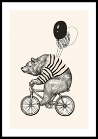 Illustrated bear with striped sweater on bike and balloons-0