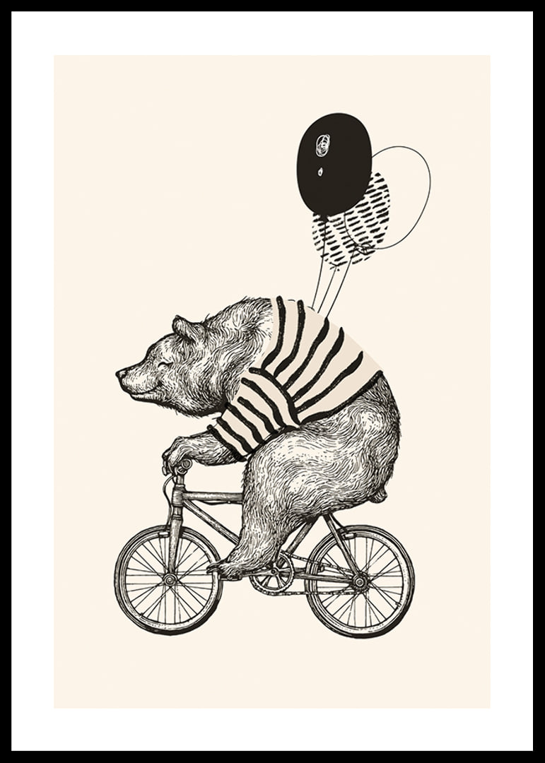 Illustrated bear with striped sweater on bike and balloons-12