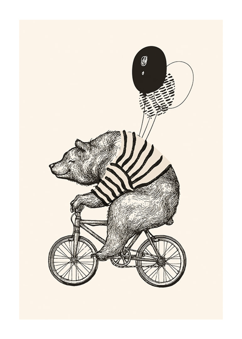 Illustrated bear with striped sweater on bike and balloons-12