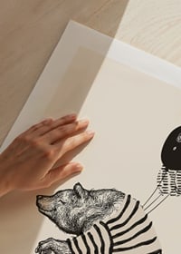 Illustrated bear with striped sweater on bike and balloons-9