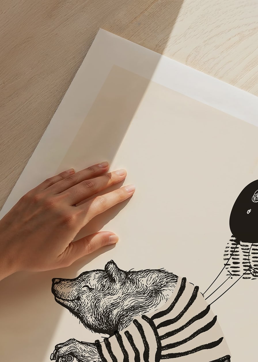 Illustrated bear with striped sweater on bike and balloons-12