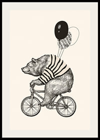 Illustrated bear with striped sweater on bike and balloons-2