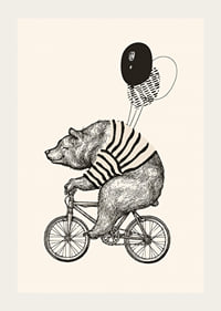 Illustrated bear with striped sweater on bike and balloons-3