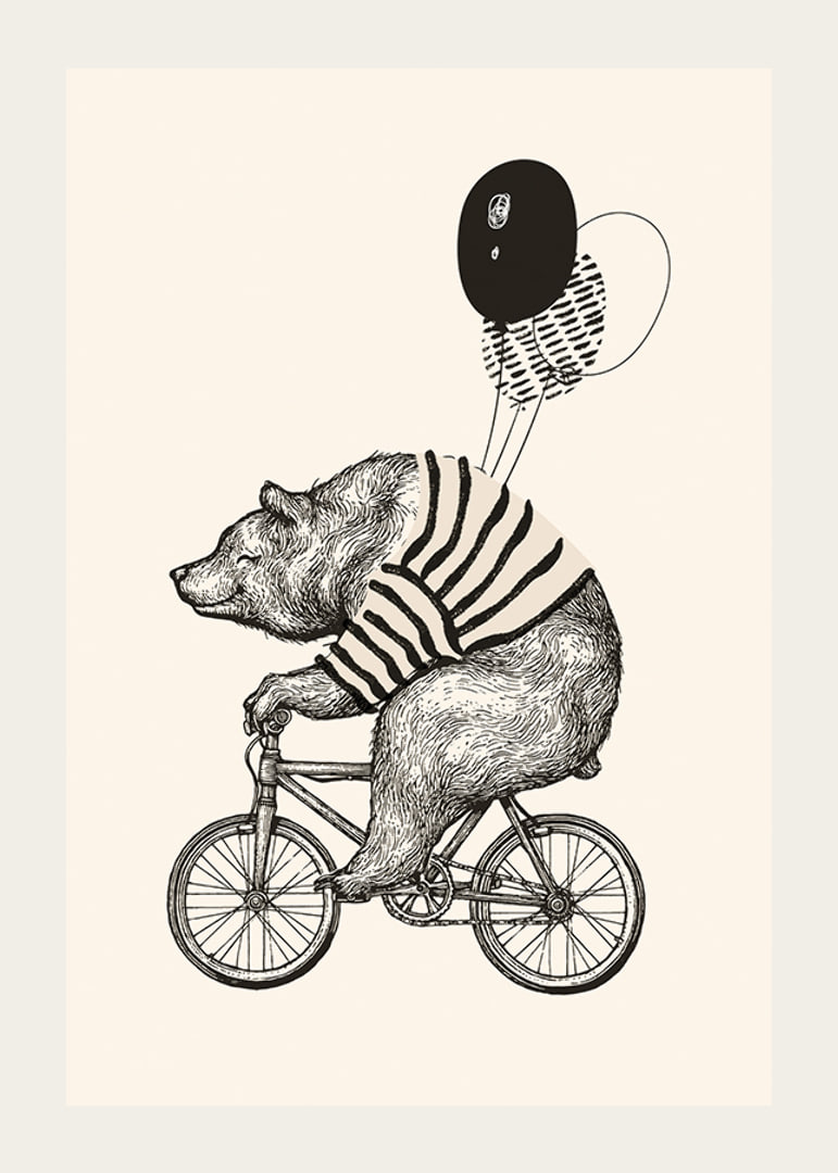 Illustrated bear with striped sweater on bike and balloons-12