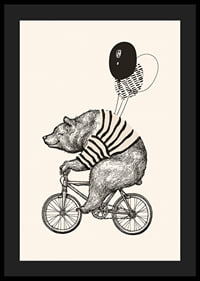 Illustrated bear with striped sweater on bike and balloons-4
