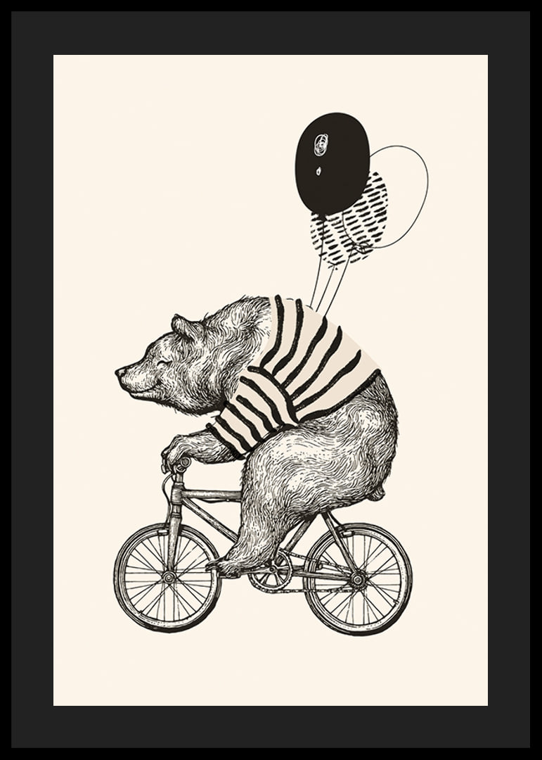 Illustrated bear with striped sweater on bike and balloons-12