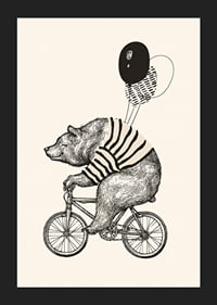 Illustrated bear with striped sweater on bike and balloons-5