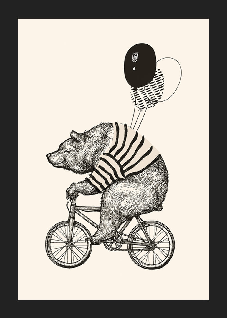 Illustrert bjørn med stripete genser på sykkel og ballonger-12