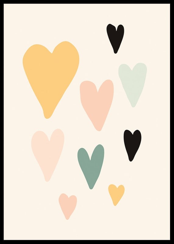 Illustrated hearts in different pastel colors on beige background-12