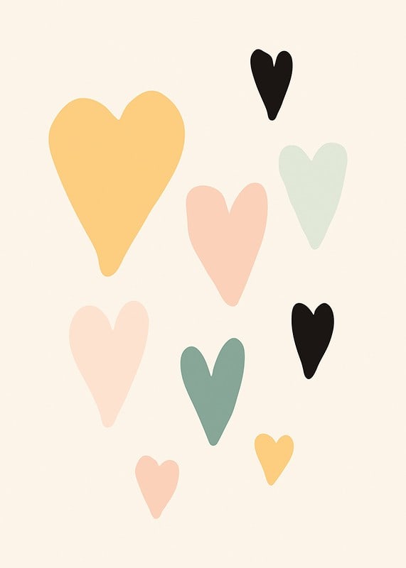 Illustrated hearts in different pastel colors on beige background-12