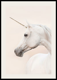 Close-up of white unicorn with long horn against light background-2