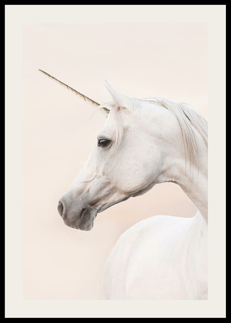 Närbild av vit enhörning med långt horn mot ljus bakgrund-12