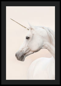 Närbild av vit enhörning med långt horn mot ljus bakgrund-4