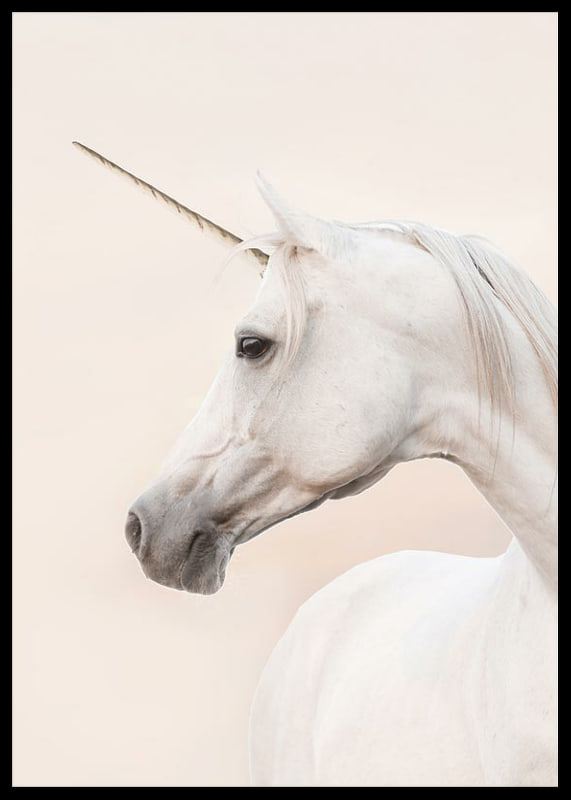 Close-up of white unicorn with long horn against light background-12