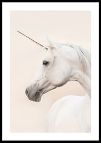 Close-up of white unicorn with long horn against light background-0